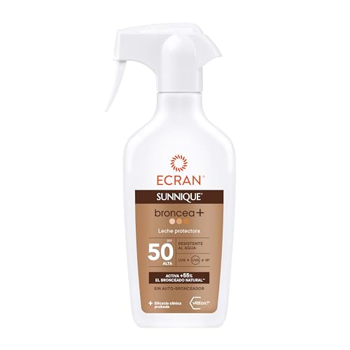 Ecran Sunnique Leche Protectora Solar Broncea+ SPF 50 en Spray Protección Alta UVB + UVA e IR-A Activa el Bronceado Natural, Sin Autobronceador, con Tecnología PureBronze, Resistente al Agua - 270 ml