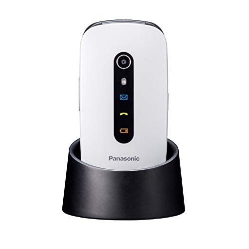 Panasonic KX-TU466EXWE - Teléfono Móvil para Mayores (Pantalla Color 2.4', Botón SOS, Base Carga, Compatibilidad Audífonos, Resistente Golpes, Batería Larga Duración, Bluetooth, GPS, Cámara) Blanco