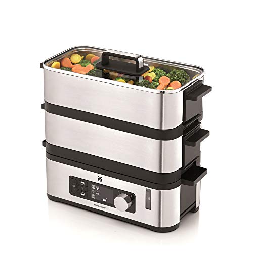WMF Kitchenminis - Vaporera, 900 W de hasta 4.3 l y depósito de Agua de 1.1 l, dos Zonas de cocción y función de mantenimiento de la calor, acabados de acero Inoxidable de cromargan