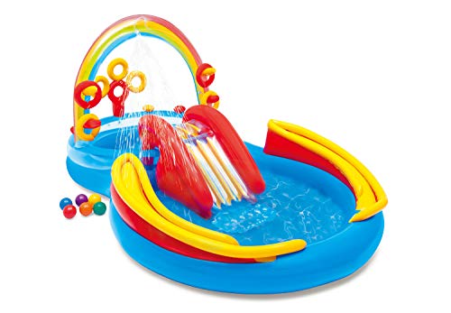 INTEX 57453 - Piscina infantil hinchable con dispersor de agua y tobogan arcoiris, centro de juegos para niños