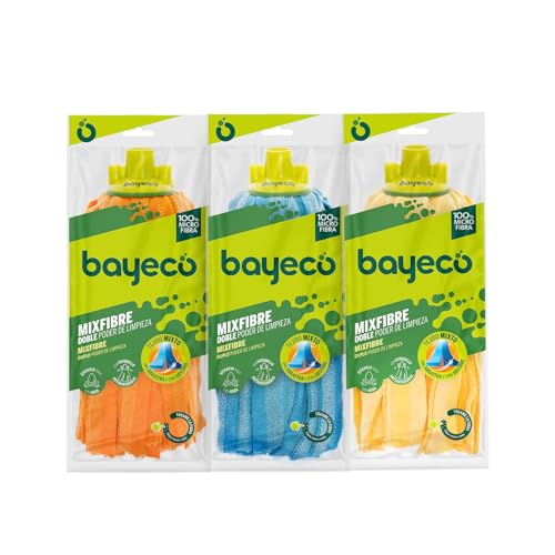Bayeco - Fregona de Tiras 100% Microfibra - Con casquillo de goma - Gran capacidad de absorción - Mayor duración y resistencia - Efecto pulido - Lavable - 1 unidad