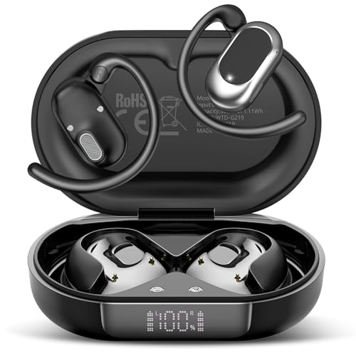 STECEi Auriculares Oreja Abierta Bluetooth 5.4, 2025 Auriculares Inalámbricos Deportivos con Gancho, 38H Estéreo Inalambricos Bluetooth con Pantalla LED, Control Táctil, IP7 Impermeable, Negro