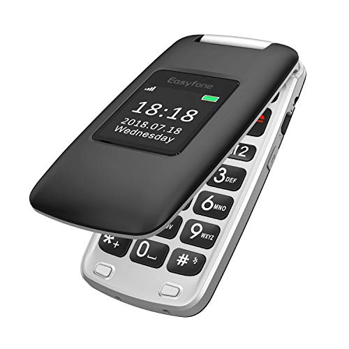 Easyfone Prime-A1 gsm Teléfono Móvil para Mayores con Tapa y Teclas Grandes, Audífono con Compatibles, SOS Botones, Cámara de 2.0MP, Fácil de Usar para Ancianos con Base de Carga (Negro)