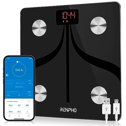 RENPHO Báscula de Grasa Corporal Inteligente Bluetooth Wireless Báscula para Baño Digital con App Inalámbrica Monitor de Composición Corporal para Peso Muscular, Recargable por USB, Elis 1