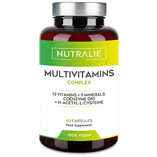 MULTIVITAMINAS Y MINERALES - Multivitaminico A-Z de 29 Activos - Complejo Vitaminico Completo - Mujer Hombre - Vitaminas A B C D E K, L-cisteína, Q10 y 9 Minerales - 60 Cápsulas Veganas Nutralie
