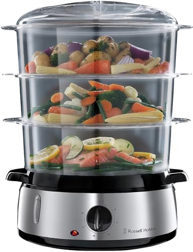 Russell Hobbs 19270-56 - Vaporera de 3 recipientes con temporizador, 800 W, incluye cubeta para arroz, color negro y plateado, libre de BPA