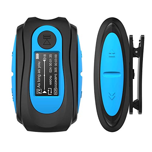 AGPTEK Mp3 Acuatico 8GB con Pantalla, S07 Clip Reproductor MP3 Waterproof IPX 8 Soporta Rdaio FM, Aleatorio Modo para Nadar, Correr, Azul