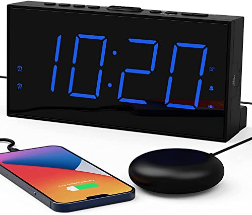 Reloj Despertador Vibracion para Sordos,LED Despertador Digital para Duermen Profundamente,Pantalla Grande de 7 '' y Atenuador, Alarma Doble, Cargador USB, Horario de Verano de 12/24 h - Azul
