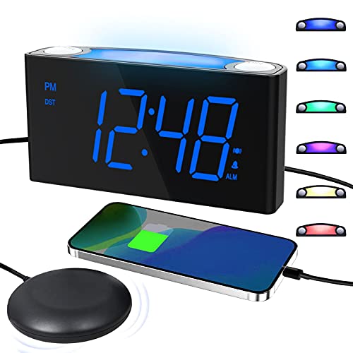 ROCAM Reloj Despertador Vibrador para Sordos,LED Despertadores Digitales con 7'' Pantalla con Atenuador,Luz Nocturna de 7 Colores,Dobles USB para Discapacidad auditiva,Sordas,Mayores - Azul