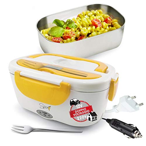 SPICE - Fiambrera eléctrica Plus Amarillo de Acero Inoxidable con Bandeja extraíble de 1,5 litros y Tapa con Cierre, Compatible con 220 V y 12 V, 40 W