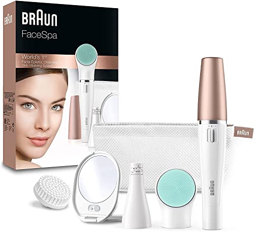 Braun FaceSpa Depiladora Facial Mujer 3 en 1 con Cepillo Limpiador y de Masaje, 851, Color Oro, Blanco