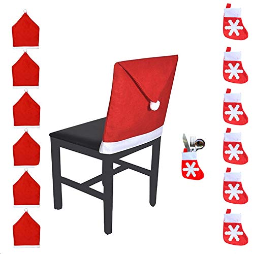 Juego decorativo de 12 calcetines con forma de sombrero de Navidad WOSON para cubrir las sillas y los cubiertos, decoración de Papá Noel para cenas, sin tejer, 12pcs-6 Chair covers + 6 cutlery socks, Medium