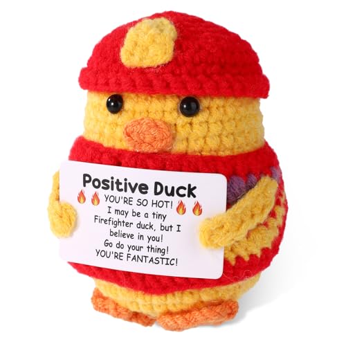 TOYMIS Pato Positivo, 8cm Imagen de Bombero Muñeco de Apoyo Positivo Hecho a Mano Divertido Pato Ganchillo con Tarjeta Inspiradora Regalo Emocional Decorativo