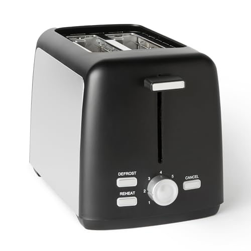 Amazon Basics Tostadora 2 Rebanadas con 7 Niveles de Tostado y Bandeja para Migas Extraíble, Ranuras Extra Anchas, 800W, Negro