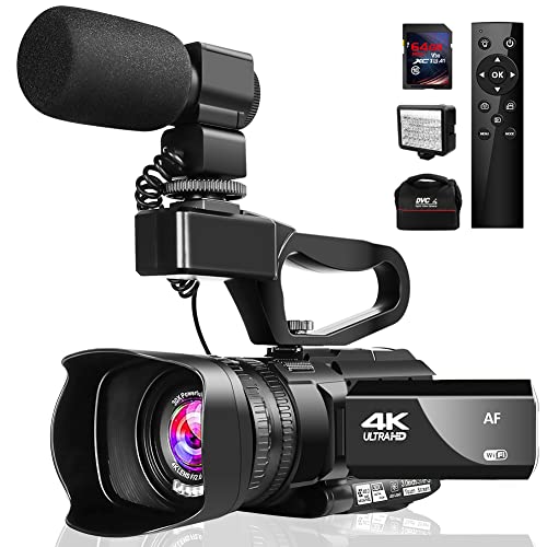 Lincom, Videocámara 4K con micrófono 48MP 60FPS WiFi YouTube, cámara de vídeo digital 30X videocámara con luz LED de llenado y estabilizador de mano, negro