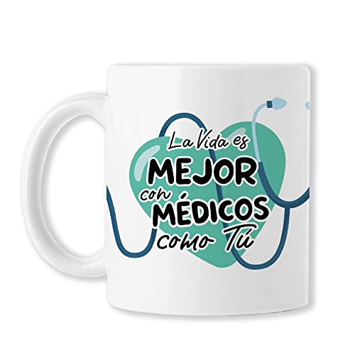 BAOBAB REGALOS-Médico Taza original de café para regalar a trabajador@ sanitari@ con frase y dibujo, ideal desayuno. Cerámica blanca-La vida es mejor con médicos como tú