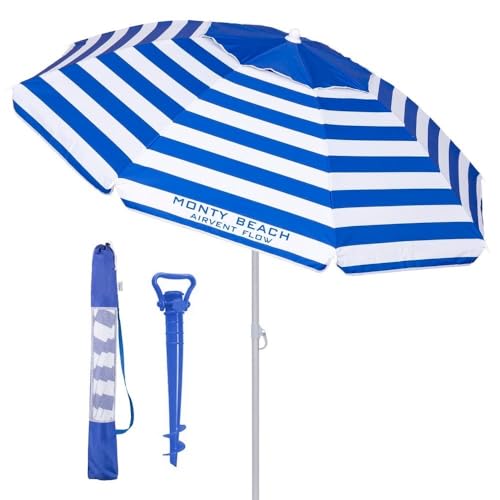 LOLAhome Sombrilla playa 200 cm y soporte arena, protección UV+50, sombrilla antiviento, varillas flexibles fibra vidrio, techo ventilación, mástil inclinable y regulable altura, bolsa transporte