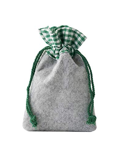 5 bolsitas de fieltro con borde de algodón, tamaño 40x30 cm, bolsas de fieltro para regalos, decoración para Oktoberfest, materiales naturales (gris claro con borde verde y blanco a cuadros)
