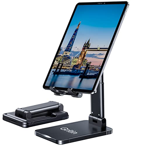 Gritin Soporte Tablet, Ajustable Soporte Móvil - Plegable Soporte de Escritorio/Soporte para Teléfono Súper Estable Compatible con Nuevo iPad 12.9, 11, Air Mini 3 4 y Todas Las Tabletas de 4-12.9'