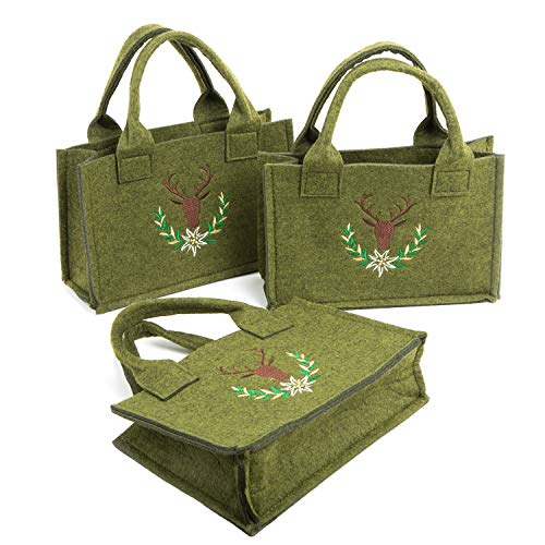Logbuch-Verlag 3 pequeñas bolsas de fieltro de ciervo verde con cornamento, bolsa de regalo, paquete Bayern Oktoberfest, 21 x 4 x 14 cm