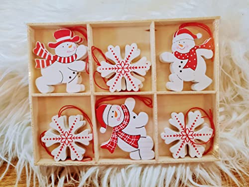 Heaven Sends - Juego de 12 adornos de madera en forma de muñecos de nieve y copos de nieve para árbol de navidad