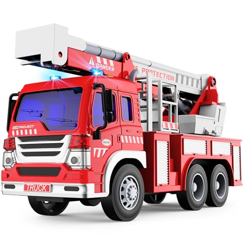 GizmoVine Camion Bomberos Grande Juguete, Camión de Bombero Modelo con Escalera, Luces y Sonido, Educativos Regalos, Camiones Grandes de Juguetes, Coche para Niños y Niñas 3 4 5 6 7 8 Años - Rojo
