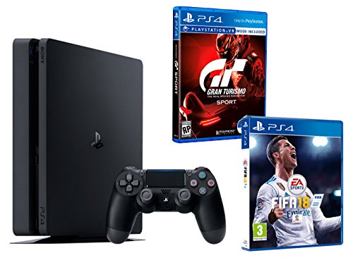 PS4 Slim 1Tb Negra Playstation 4 Consola - Pack 2 Juegos - FIFA 18 + Gran Turismo Sport GT Sport