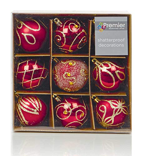 Juego de nueve adornos de árbol de Navidad de rojo y oro (6 cm) de Christmas Direct