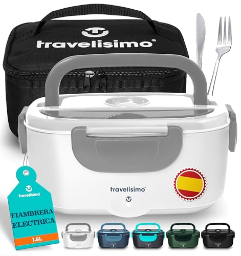 TRAVELISIMO Fiambrera Electrica 80W Taper Electrico para Comida 1,5L Fiambrera Termica 3 en 1 12V/24V/220V - Lonchera Termica Para Coche y Camión, Marmita Electrica en Acero Inoxidable