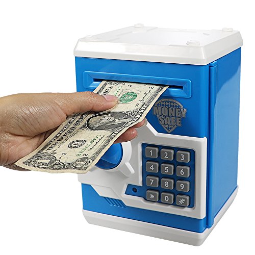 HUSAN Hucha electrónica para niños con código electrónico de cerditos, Mini cajero electrónico para Monedas ATM, Caja de Monedas, Juguete Divertido Regalo (Azul)