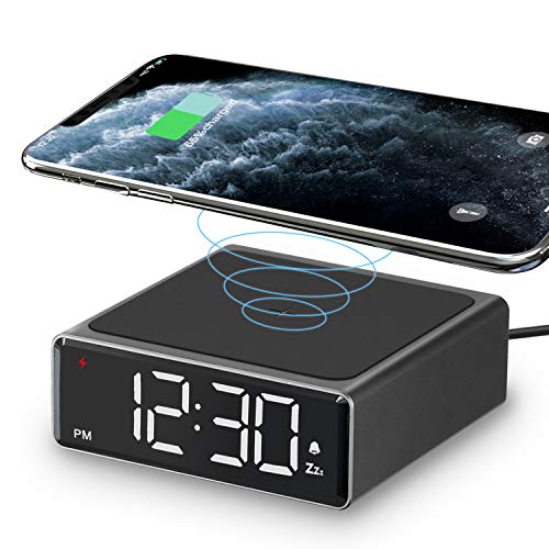 LIORQUE Reloj Despertador con Cargador Inalámbrico Qi 5W Admite hasta 7.5W/10W Apto para iPhone 8/11/X/XS/12 Plus y Smartphone Android con Qi Inalámbrica Carga - Negro