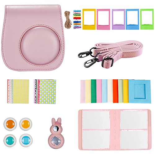 Neewer - Kit de accesorios 9 en 1 para Fujifilm Instax Mini 9 y 8, incluye funda para cámara con correa ajustable, álbum, lente de selfie, 4 filtros de colores, 5 marcos de mesa, 10 marcos para colgar en la pared y 40 marcos adhesivos