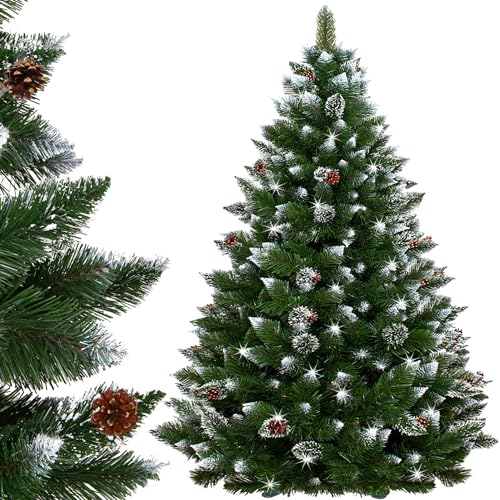 SPRINGOS: Árbol de Navidad Aspecto de Pino y Extremos nevados de 180 cm de Efecto Invernal con piñas Reales.