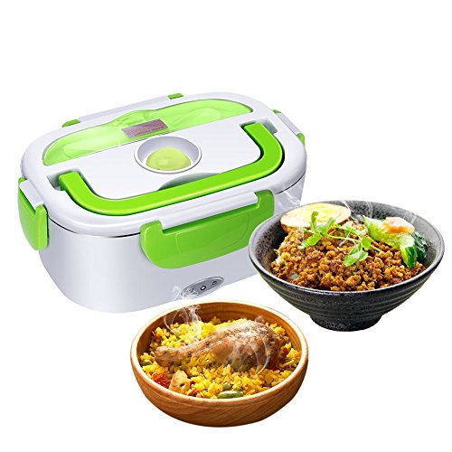 GHB Fiambrera Electrica 40W Calentador de Comida Electrico 220V Tartera Trabajo para Comida Caliente de Acero Inoxidable con 2 Compartimento y Cuchara