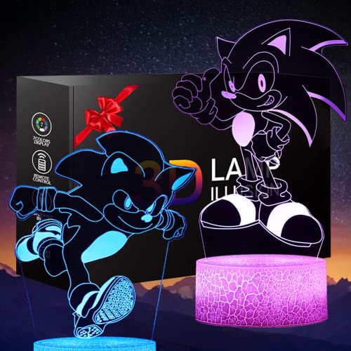 Likohee 3D Sonic Anime Night Light -Lámpara de ilusión LED 2 patrones y 16 colores ChangeDecor Lámpara de mesa con control remoto, regalos creativos de cumpleaños y Navidad para niños y niñas