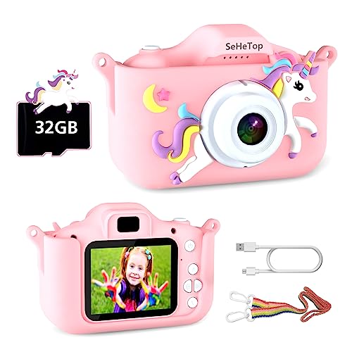 SeHeTop Camara Fotos Infantil, 1080P HD Video cámara,Juguetes niños 3-10 años, Regalos de cumpleaños, scon Tarjeta SD de 32 GB (Rosa)
