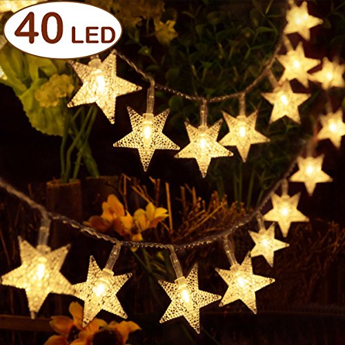 Aookey Luces LED Diseño de Estrellas, 40 Estrellas 5M Baterías Powered Decorativo Blancas de Luz Cálida Luces, para la Navidad, Fiesta, Jardines, Casas, Boda