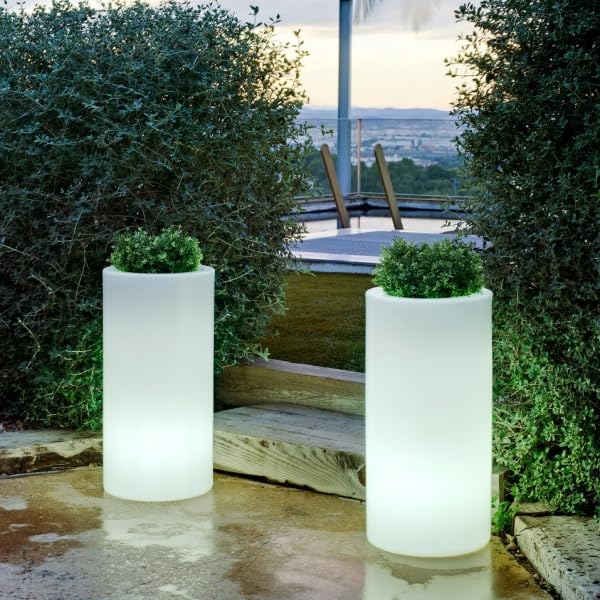 Macetero Luminoso Redondo Maceta 80 cm con Luz LED RGB, Cable o batería (Cable Color luz Blanca)