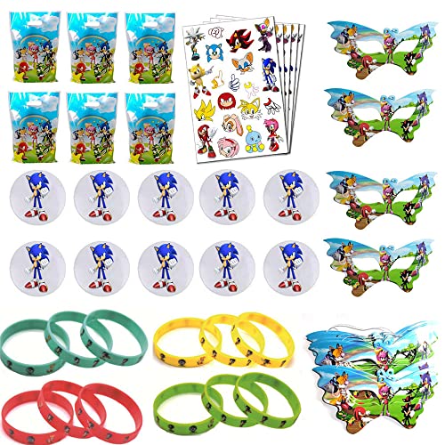 Favor de fiesta de cumpleaños con tema de Sonic para niños: pulseras, tatuajes, bolsas de regalo, insignias, máscaras para recompensas, premios de carnaval, regalos, para 10 invitados
